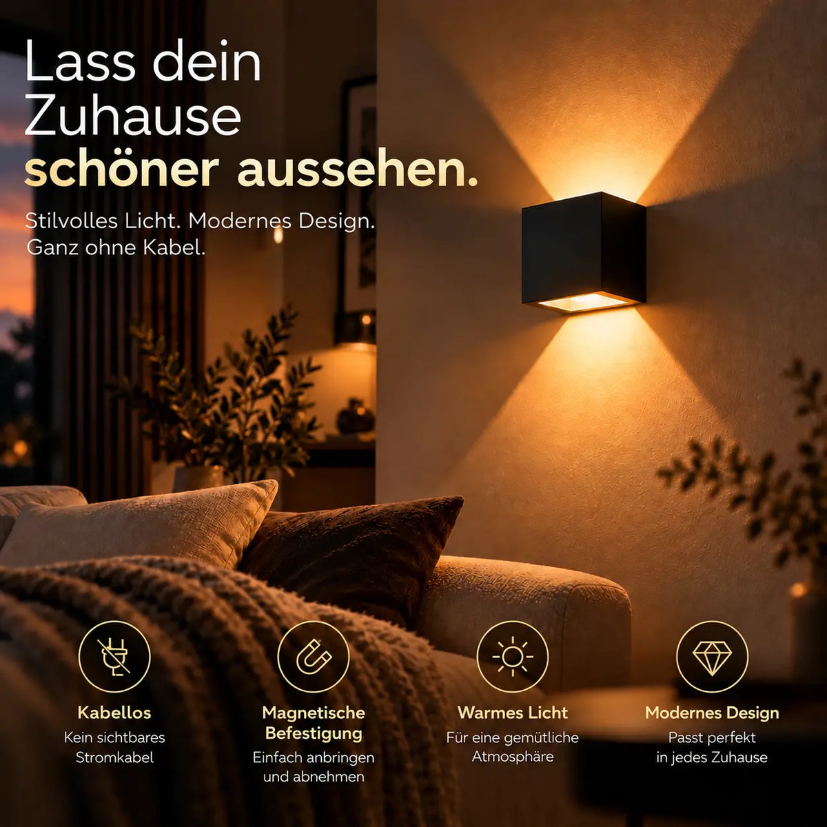 LUMERA Cube – Kabellose LED-Wandleuchte mit Magnetbefestigung & Akku