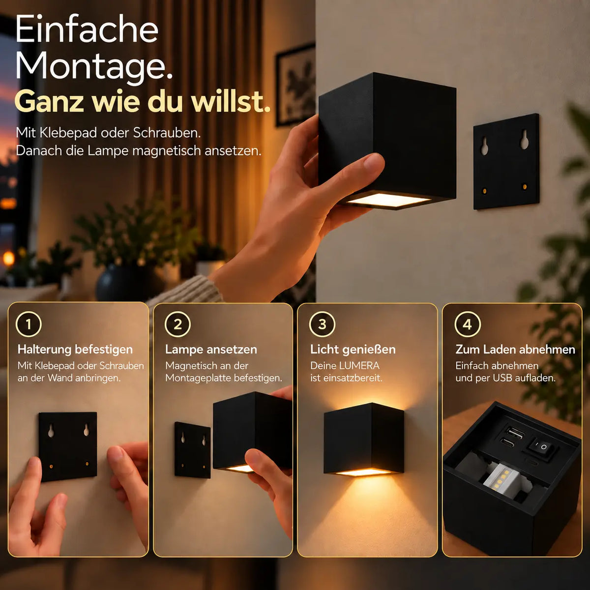 LUMERA Cube – Kabellose LED-Wandleuchte mit Magnetbefestigung & Akku